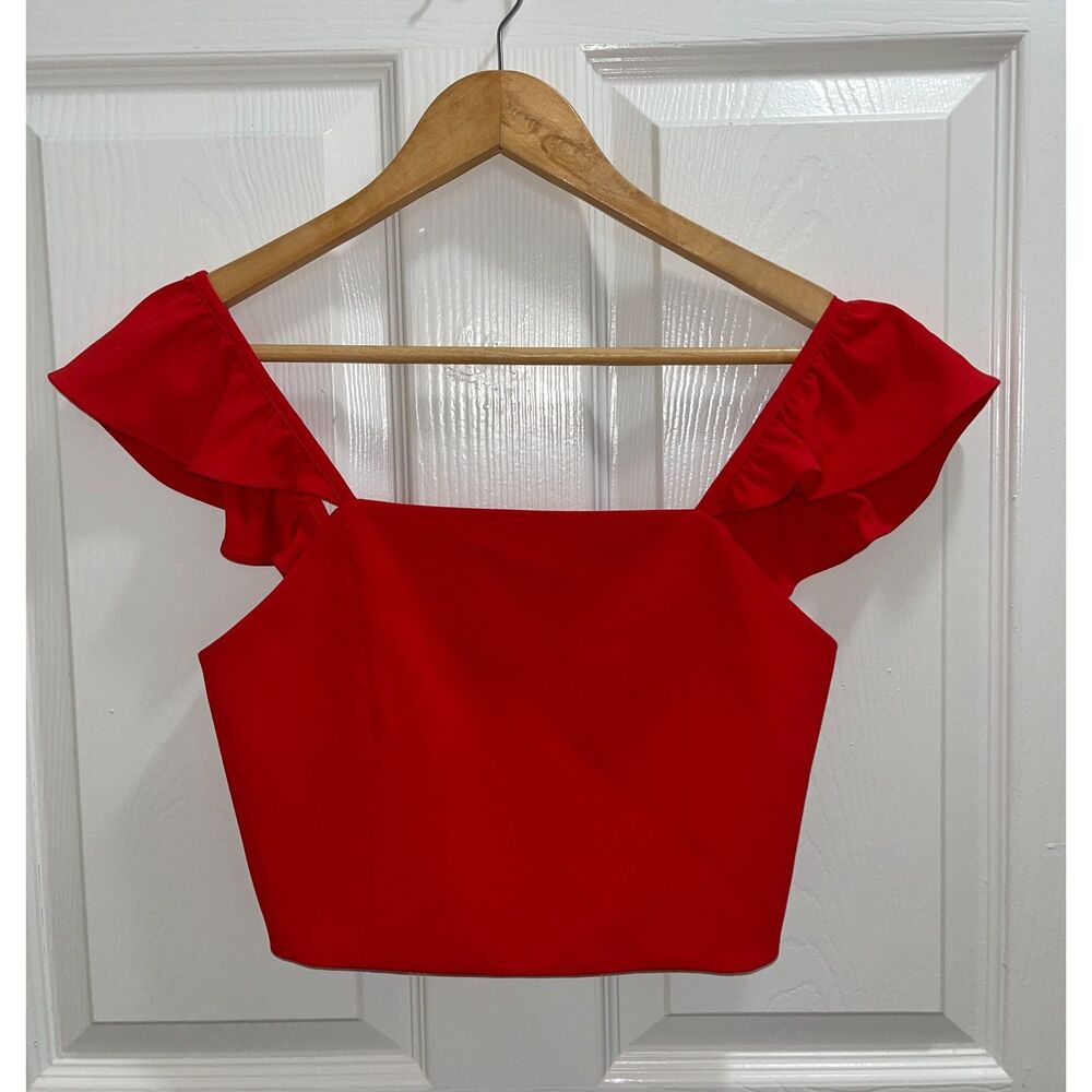 Alice + Olivia Red Flutter Ruffle Sleeve Crop Top Size 2 Classy Elegant - Picture 2 of 8